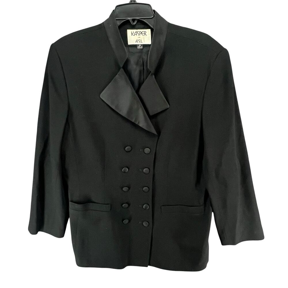 Kasper Vintage Tuxedo Jacket 16 Black Wool Satin Double Breasted Power Blazer‎